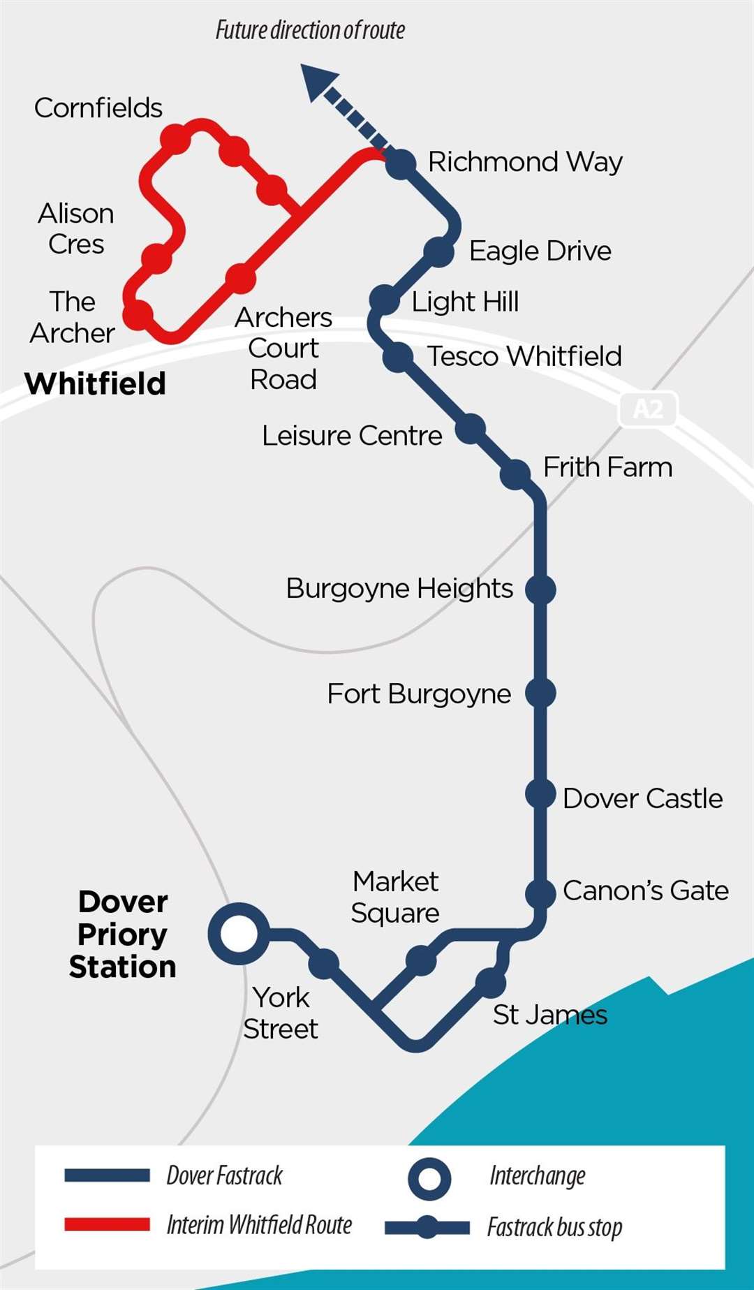 A map showing the new Dover Fastrack route