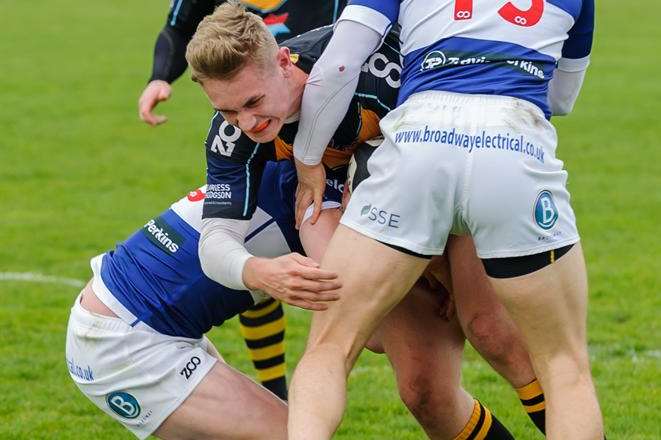 Canterbury's Tom Guest is stopped short against Bishop's Stortford. Picture: Fiona Stapley-Harding