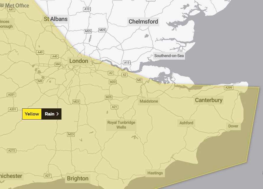 The Met Office has issued a yellow weather warning for Kent