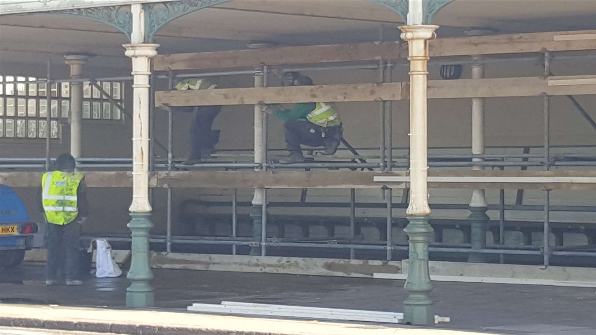 A scaffolding structure has also been erected behind the boards