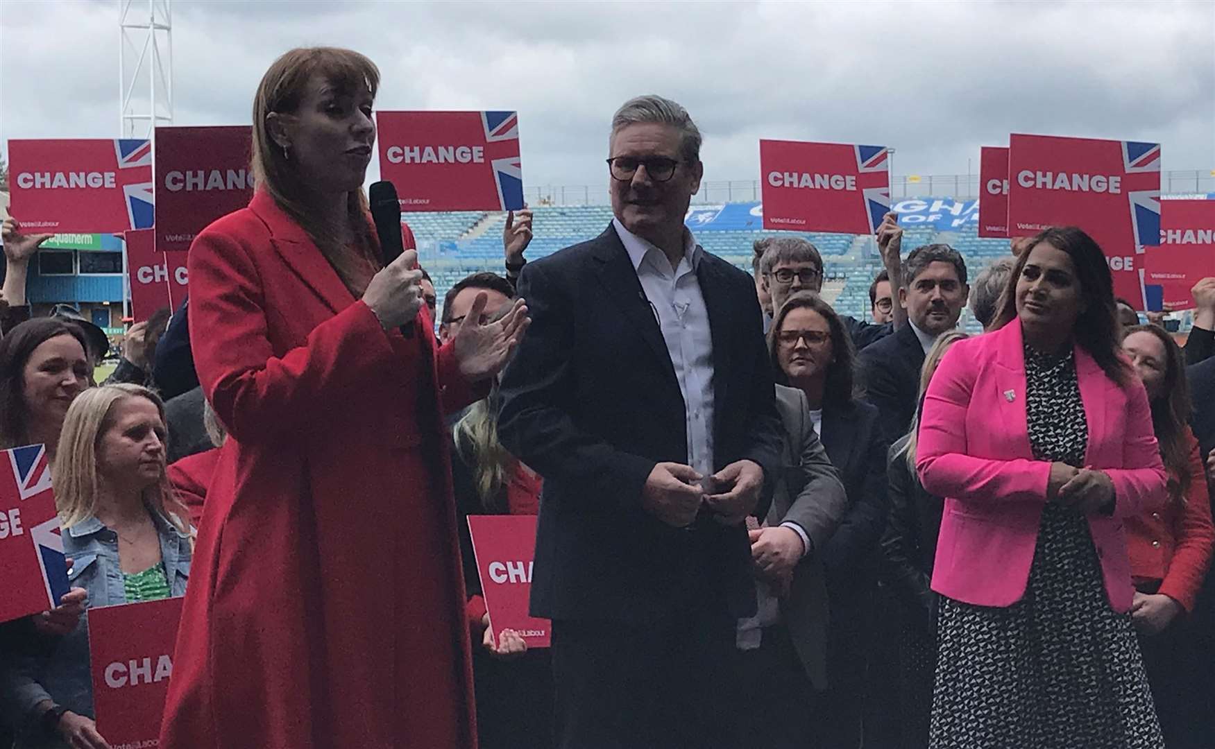 (left to right) Angela Rainer, Sir Keir Starmer and Naushabah Khan launch the Labour party's election campaign at Gillingham FC's ground.