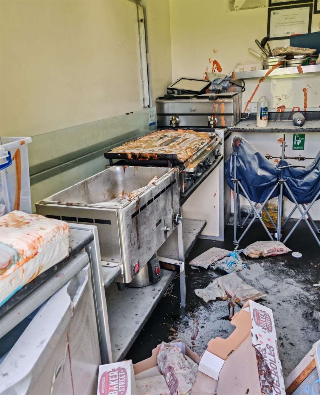 The carnage inside the Peckish snack van which was attacked by vandals