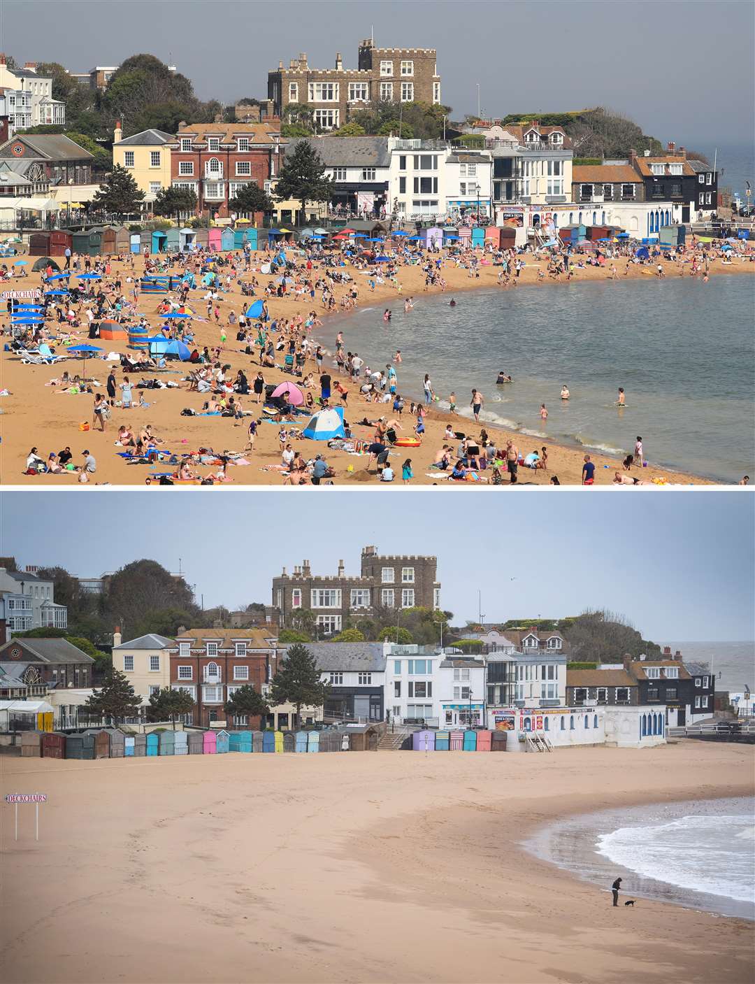 A packed Broadstairs beach during the sunny Easter bank holiday weekend in 2019 (top), and a deserted beach on Easter Monday 2020 (Gareth Fuller/Victoria Jones/PA)