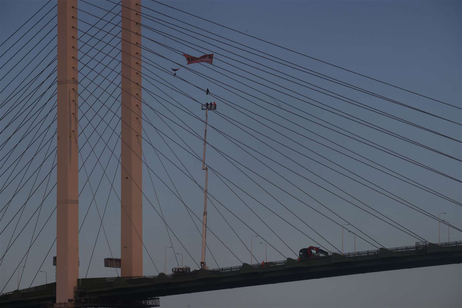 Two men have been taken down from the protest at the QEII bridge in Dartford. Photo: UKNiP (60080395)