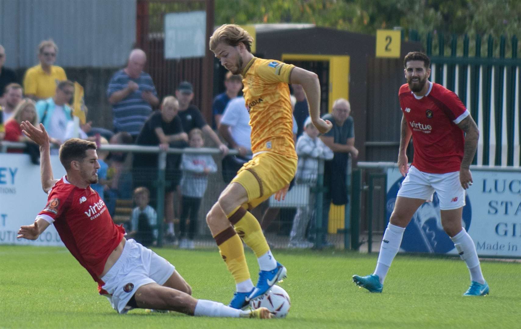 Franklin Domi slides in for Ebbsfleet at Sutton on Saturday. Picture: Ed Miller/EUFC