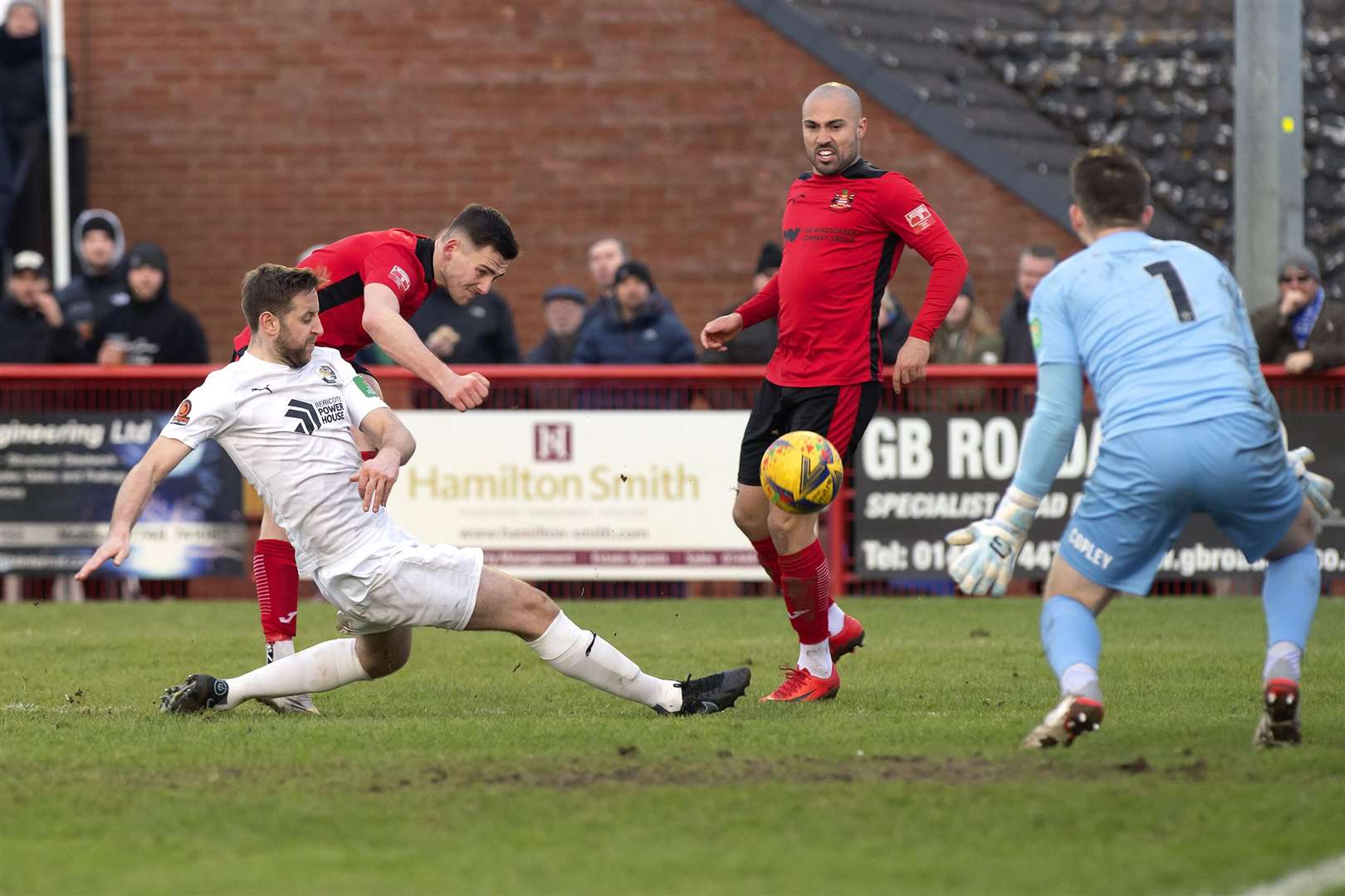 Dartford's Connor Essam blocks a shot from Needham Market's Ben Fowkes during their FA Trophy exit. Picture: Mecha Morton (54854281)