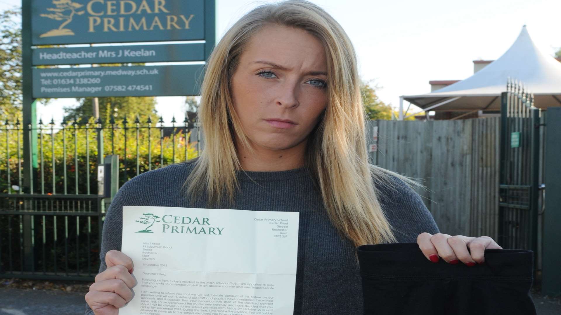 Tara Fifield outside Cedar Primary School