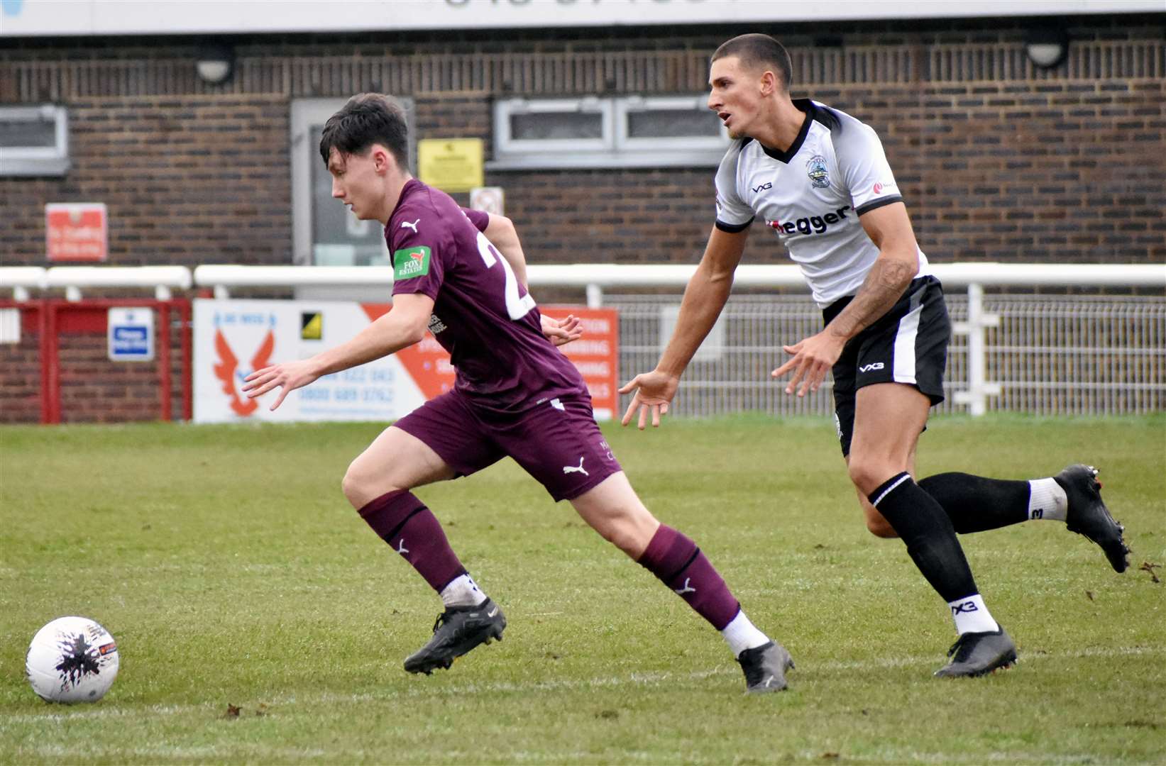 First-half Dartford scorer Olly Box gets ahead of Dover defender Scott Holding. Picture: Randolph File