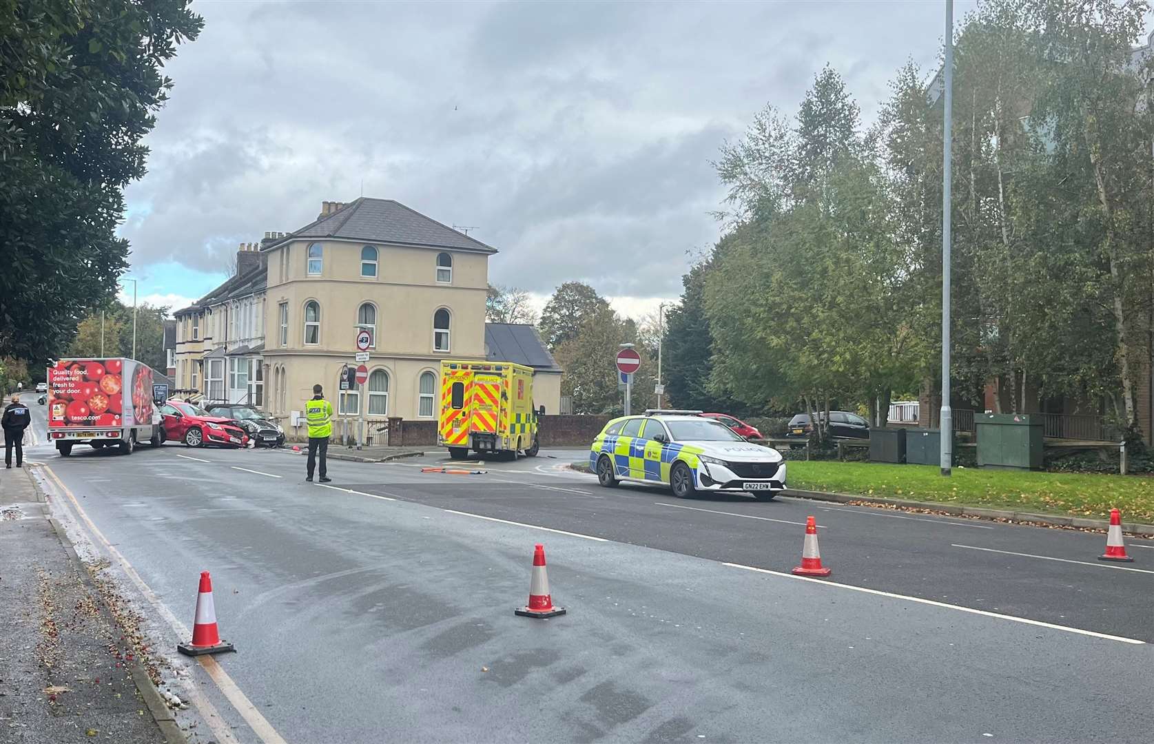 Police and ambulance crews are on scene at A28 Canterbury Road in Ashford after a three-car smash