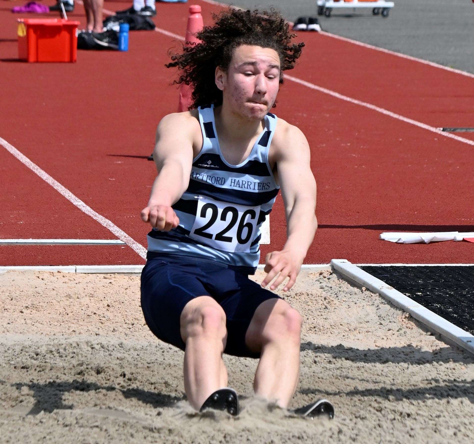 Kai Rogan (Dartford Harriers AC) won the Under-15 Boys’ long jump. Picture: Simon Hildrew