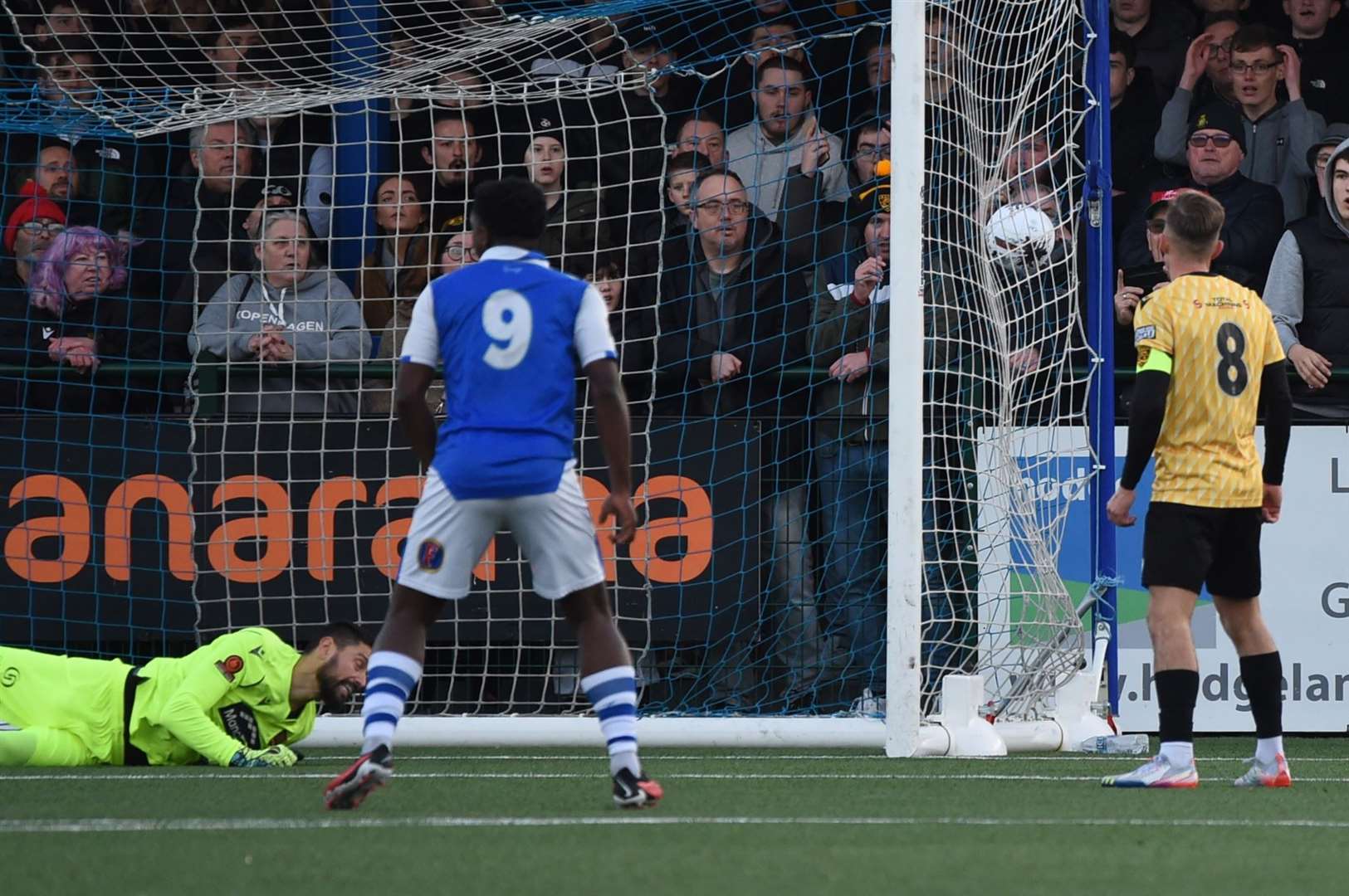 Jordan Higgs’ volley flies in for Tonbridge’s equaliser as Obed Yeboah watches on. Picture: Steve Terrell