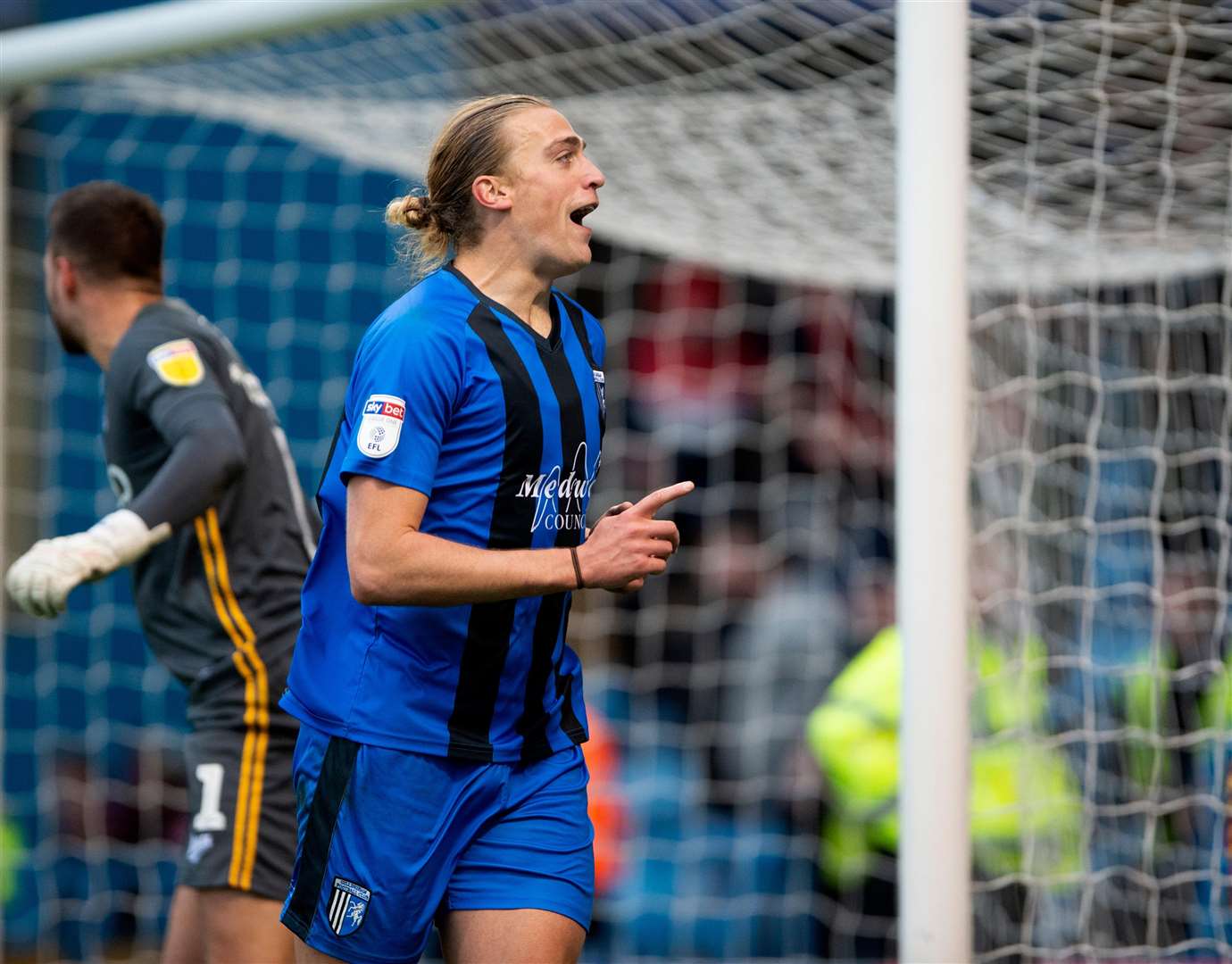 Gillingham striker Tom Eaves celebrates his second goal against Bradford Picture: Ady Kerry