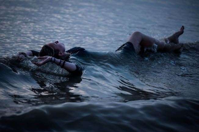 Ms Broster floating in the sea off Dungeness..Photograph from Charlotte Broster