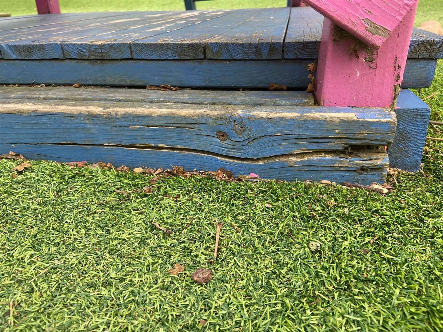 Split wood on the children's climbing frame which has now been dismantled