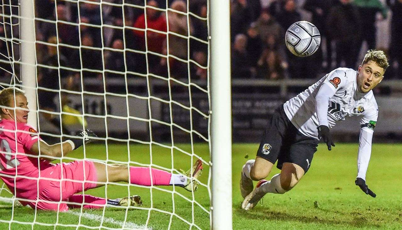 Jake Robinson scores Dartford's winner against Ebbsfleet on Tuesday night Picture: Dave Budden