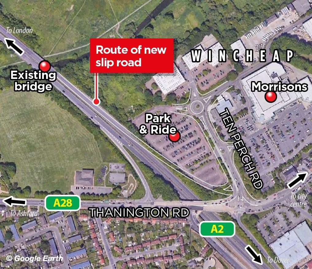 A graphic showing the proposed changes to the road system as a result of the new A2 Wincheap exit slip