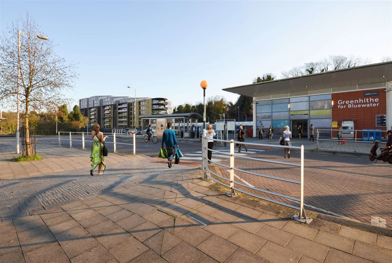 A CGI of the apartment complex in the background of Greenhithe Station.