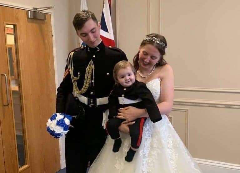 Keane and Danielle on their wedding day, with son Haydn. Picture: Danielle Smirthwaite