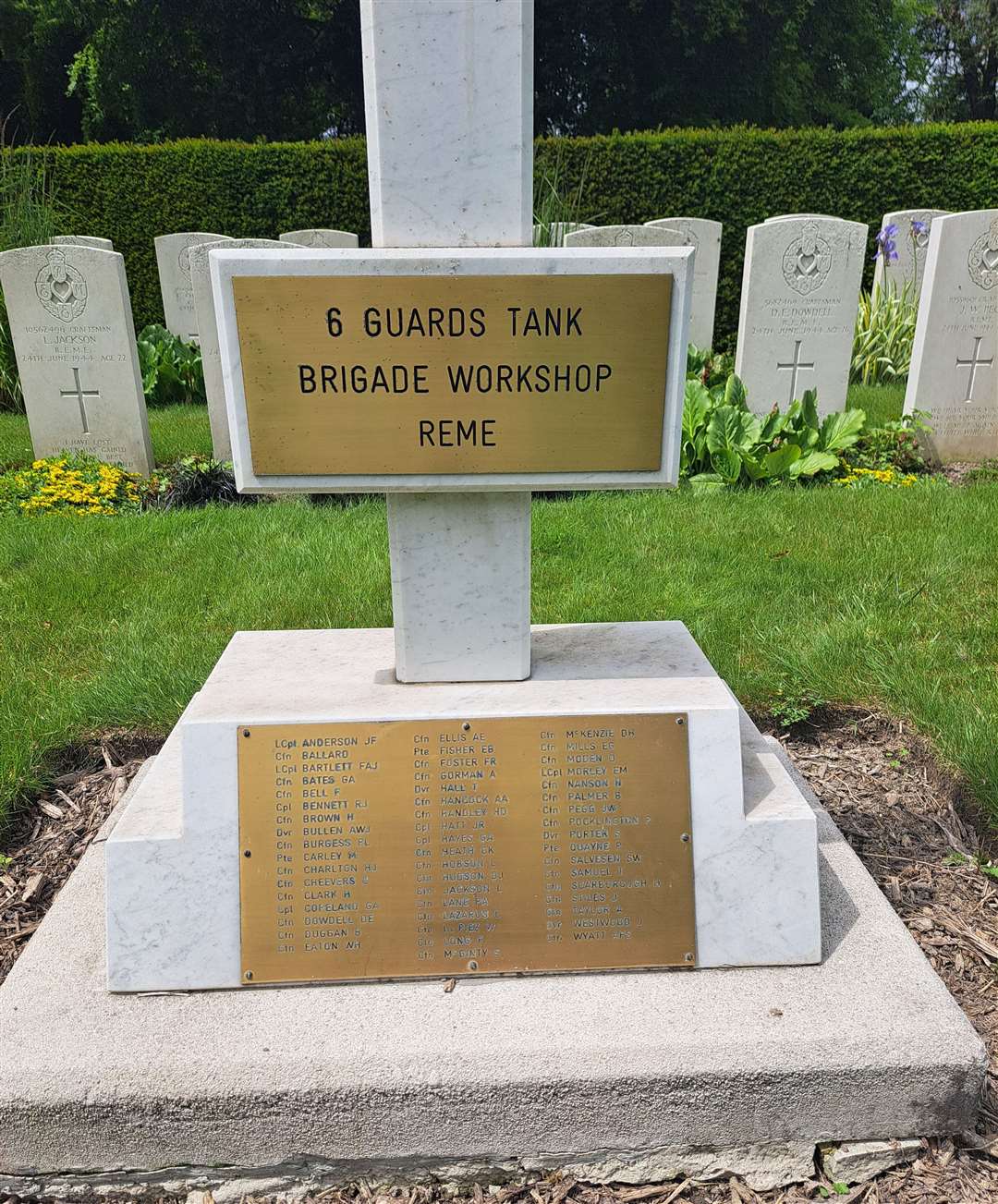 The names of the fallen REME Craftsmen are recorded on a memorial in Lenham Cemetery