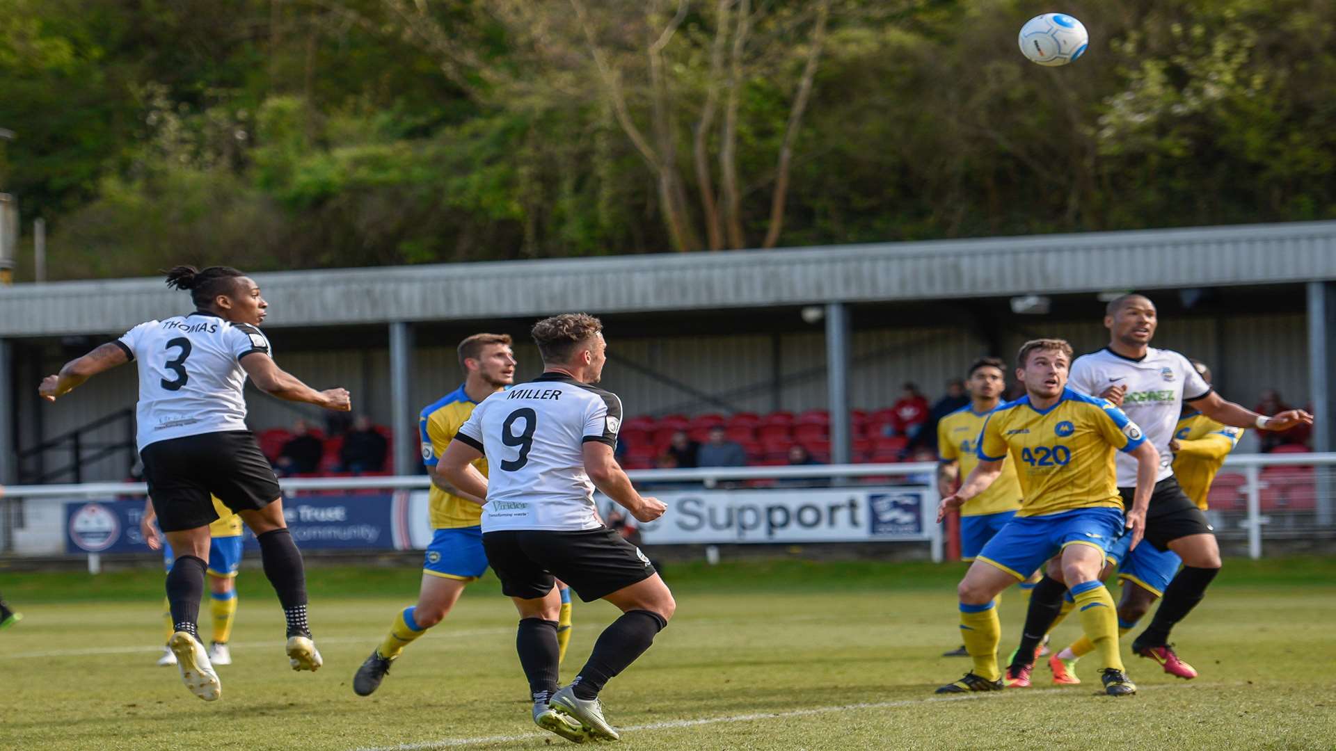 Aswad Thomas (3) makes it 2-1 with this header Picture: Alan Langley