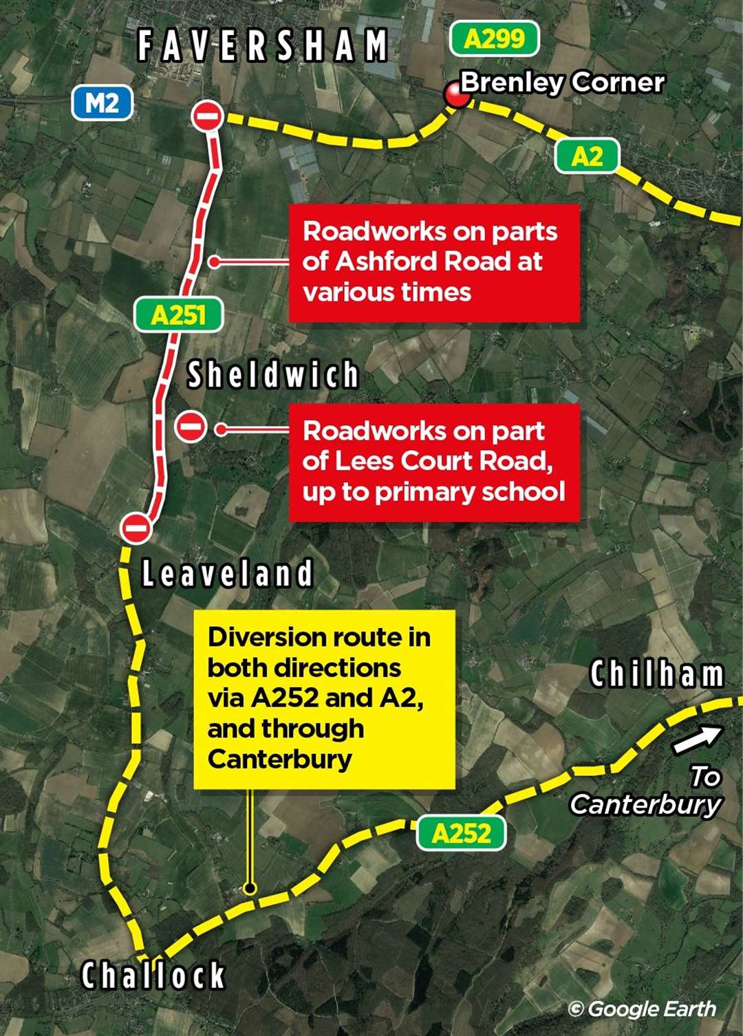 The A251 closure means drivers will have to take a 21-mile diversion between Canterbury while travelling between Ashford and Faversham