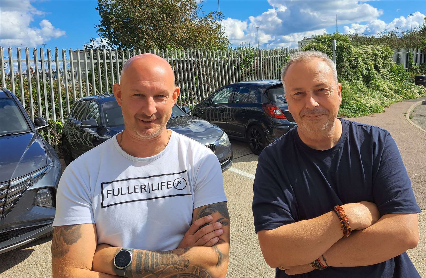 Businessmen Darren Fuller, left, and Ian Walton, based at Elizabeth Street, Dover. They are in front of Mr Fuller's only three parking spaces for his customers