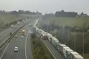 Lorries backing up along the M20 at Junction 11a for the Channel Tunnel at Cheriton. Picture: Highways Agency