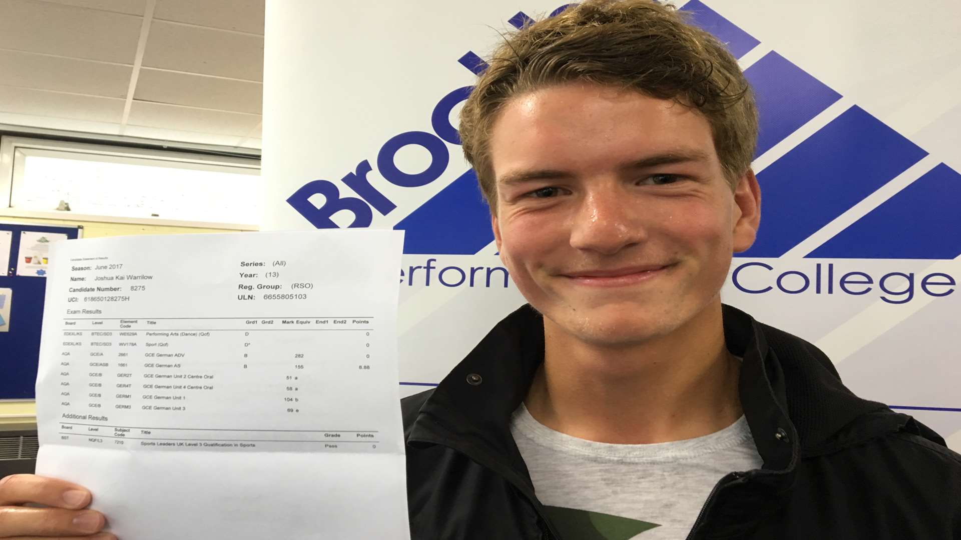 Josh Warrilow achieved a Distinction* in Sport and a B in German