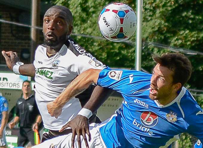 Nathan Elder in the thick of the action for Dover against Eastleigh at Crabble earlier this season