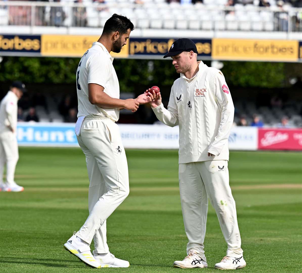 Matt Parkinson, right, and fellow bowler Wes Agar talk tactics at Essex last month. Picture: Barry Goodwin