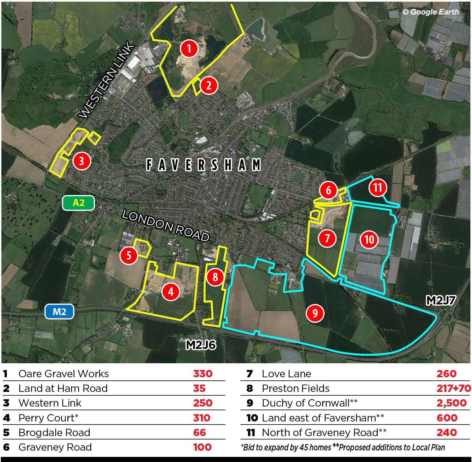 The blue outlines show where the additional homes are set to be added to the Local Plan, including the huge Duchy of Cornwall site. The outlines in yellow are the plots of land already undergoing development