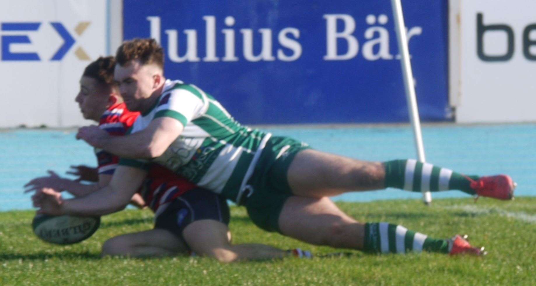 Tonbridge Juddians' Ben Moore touches down at Guernsey. Picture: Adam Hookway