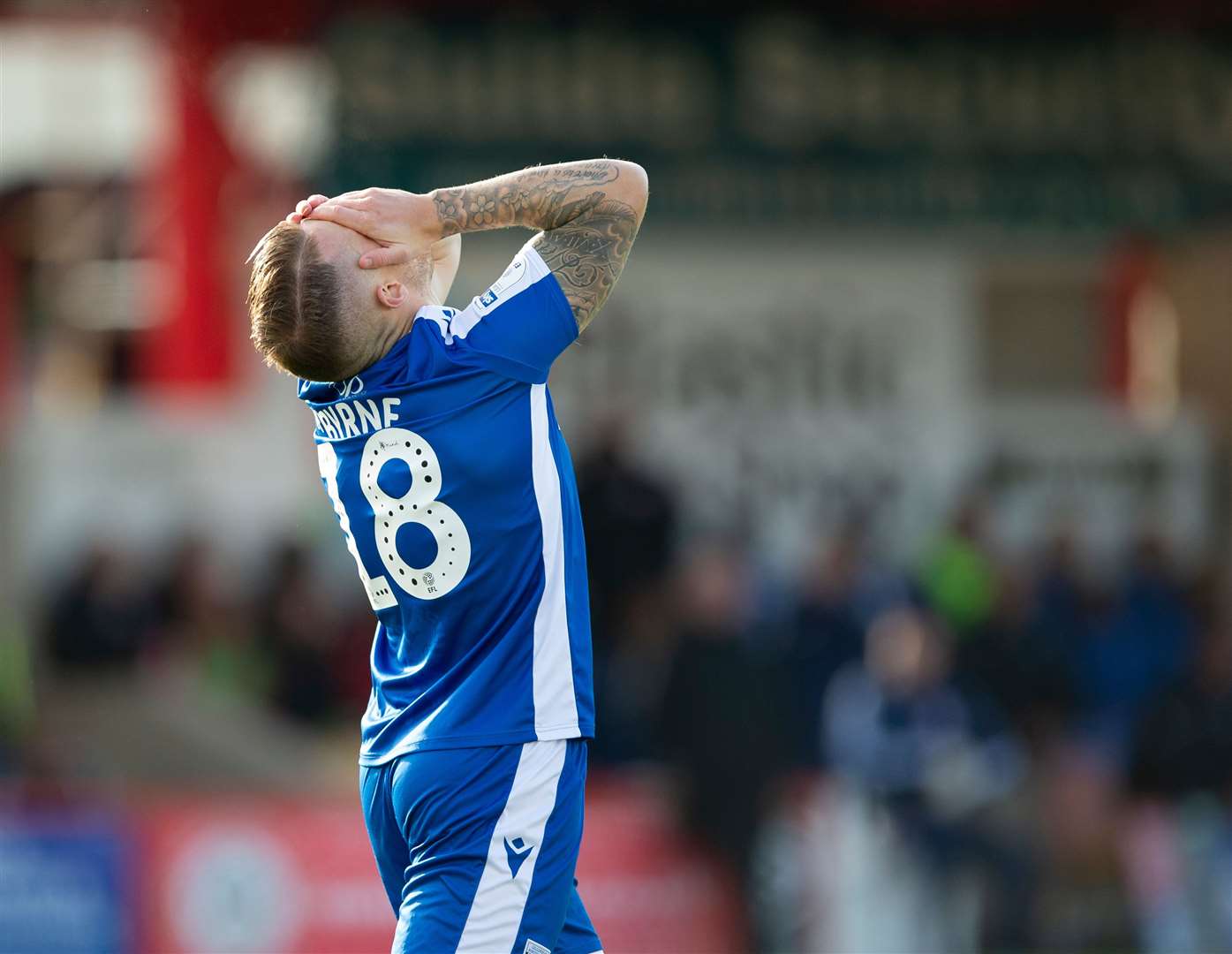 Mark Byrne hits the post in the early stages of the game against Accrington Picture: Ady Kerry