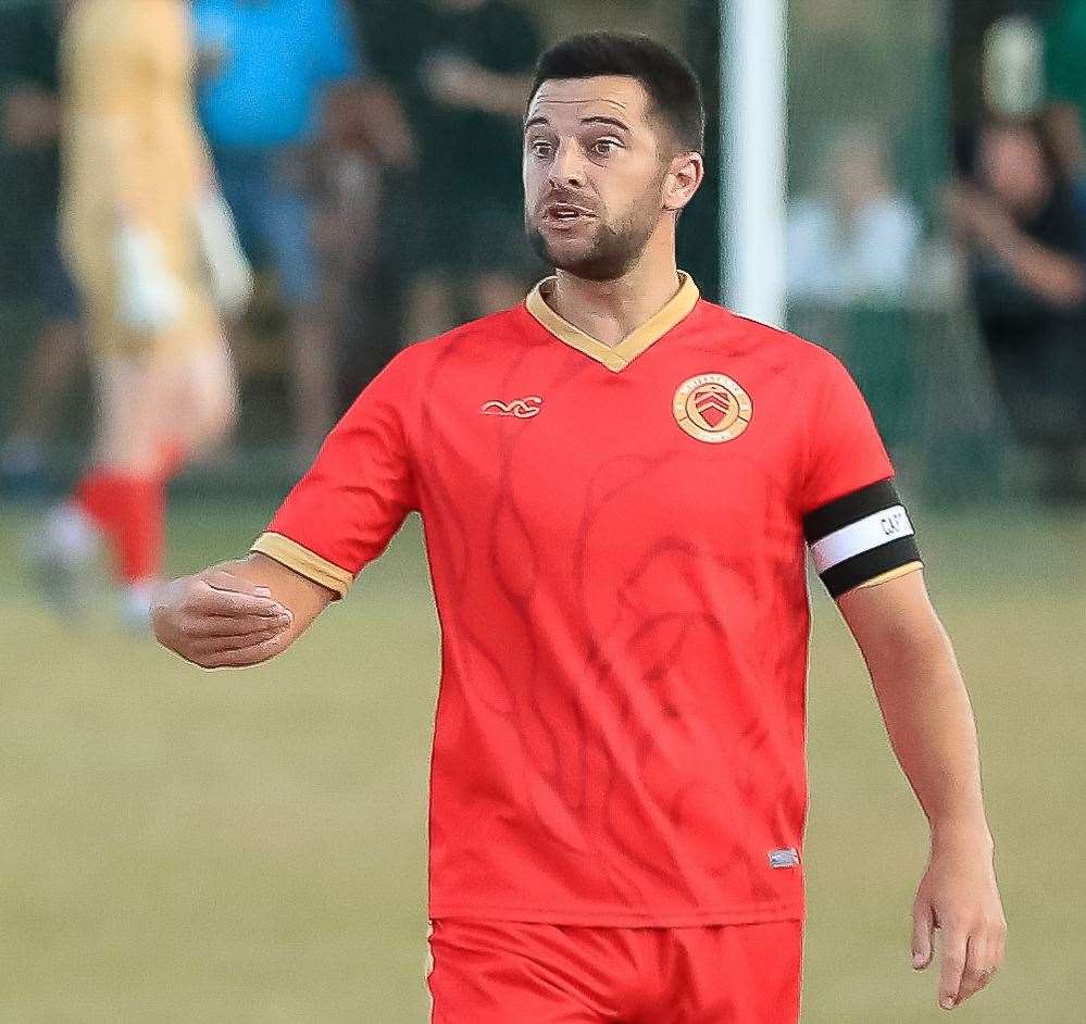 Whitstable captain Mike West - netted the only goal before half-time as the Oystermen saw off Premier Division rivals Hollands & Blair in the FA Vase. Picture: Les Biggs