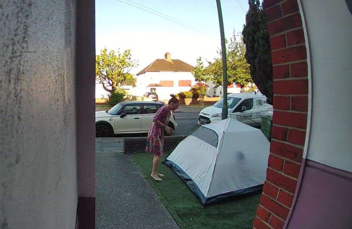 Erika White from Dartford was baffled after a man set up a tent in her front garden. Picture: SWNS