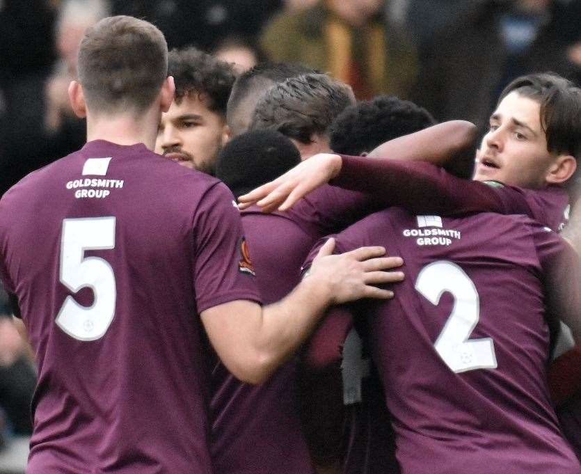 Dartford celebrate Alex Wall's first-half goal against Ebbsfleet. Picture: Ed Miller/EUFC