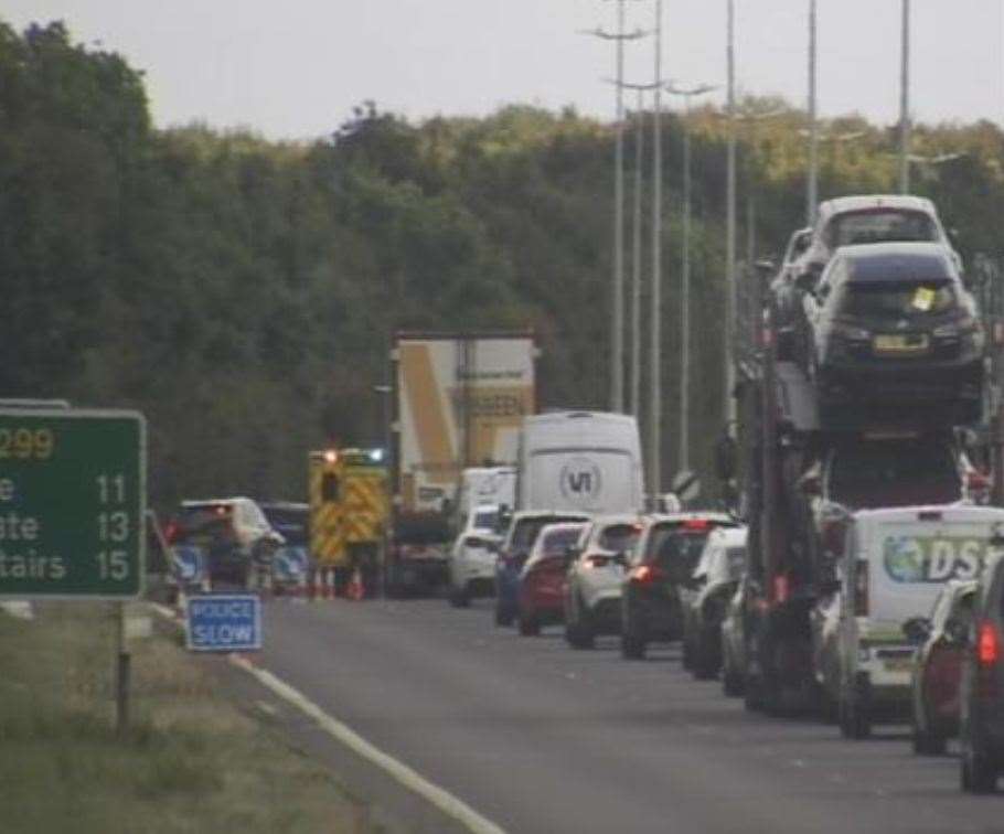 There were delays and one lane was closed on the A299 after a crash. Picture: KCC Highways