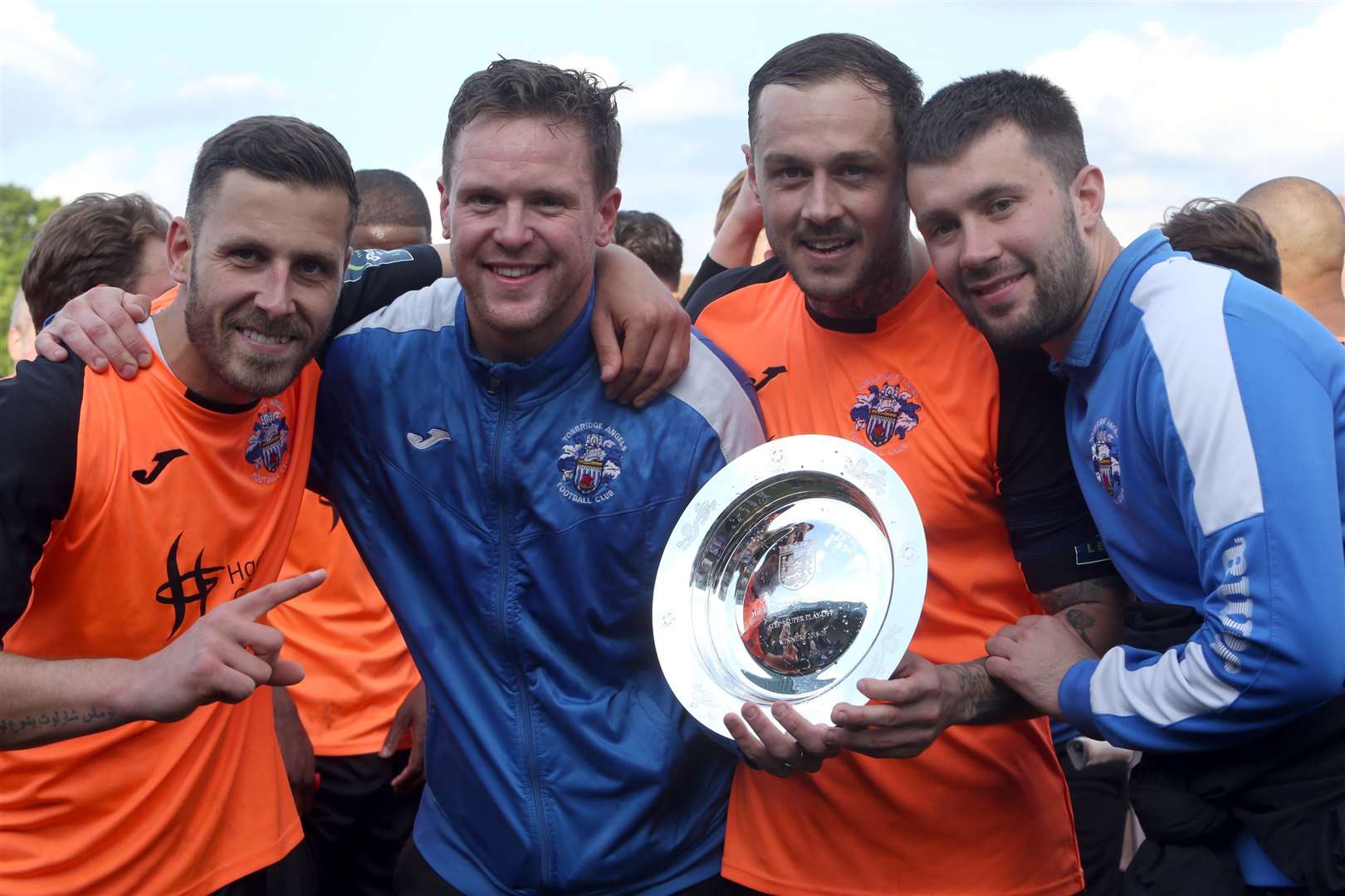 Craig Stone, Sonny Miles, Arthur Lee, Dan Parkinson after super play-off final success with Tonbridge Angels. Picture: David Couldridge