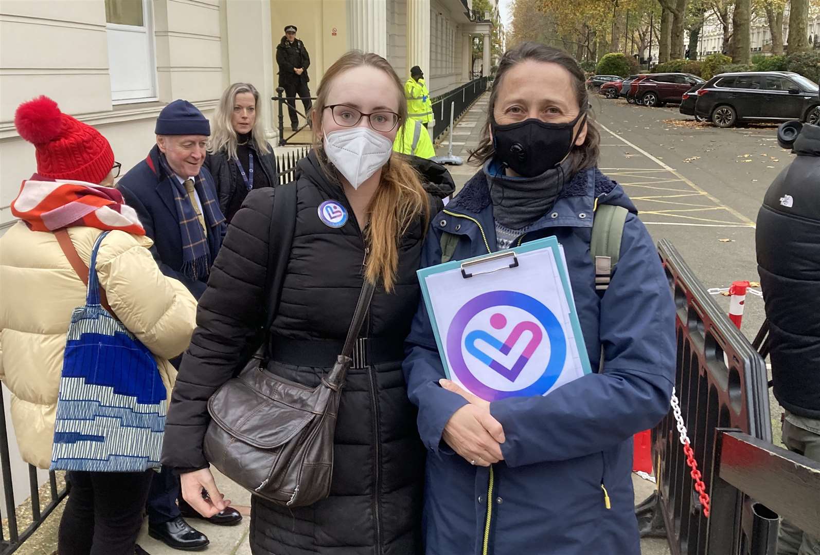 Andrea Barrett (left) and Sarah Steven outside Dorland House in London where Matt Hancock is giving evidence to the UK Covid-19 Inquiry (Jordan Reynolds/PA)