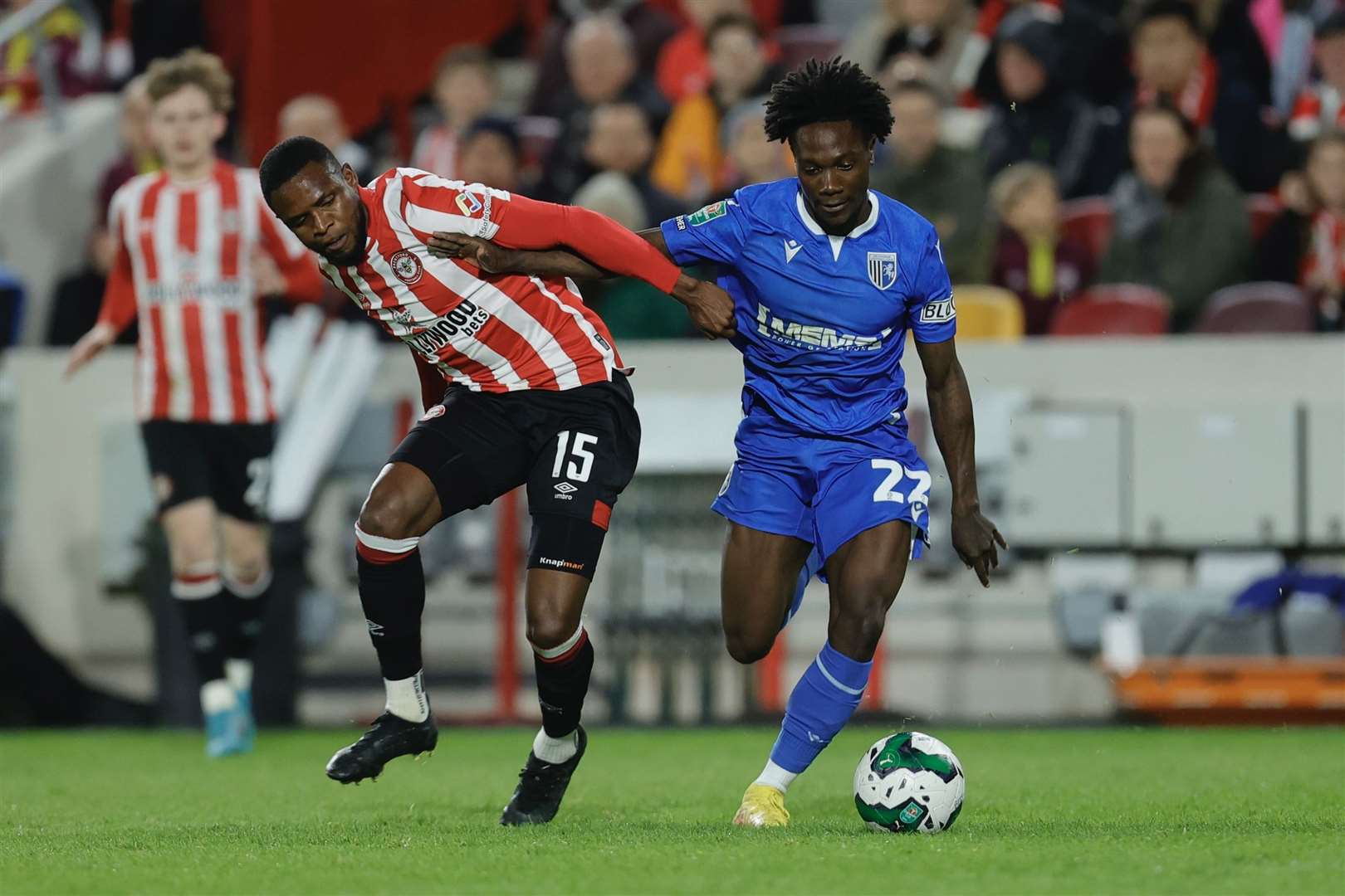 Jordan Green does battle during Gillingham’s Carabao Cup win over Premier League Brentford