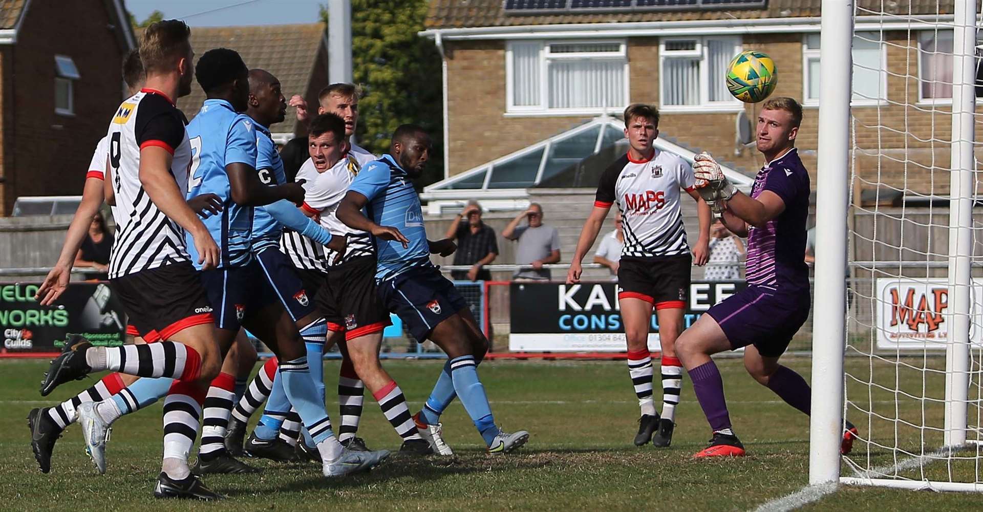 Riley Alford heads home the Deal equaliser against Lordswood. Picture: Paul Willmott