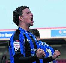 Cody McDonald celebrates his winning goal at Cheltenham.