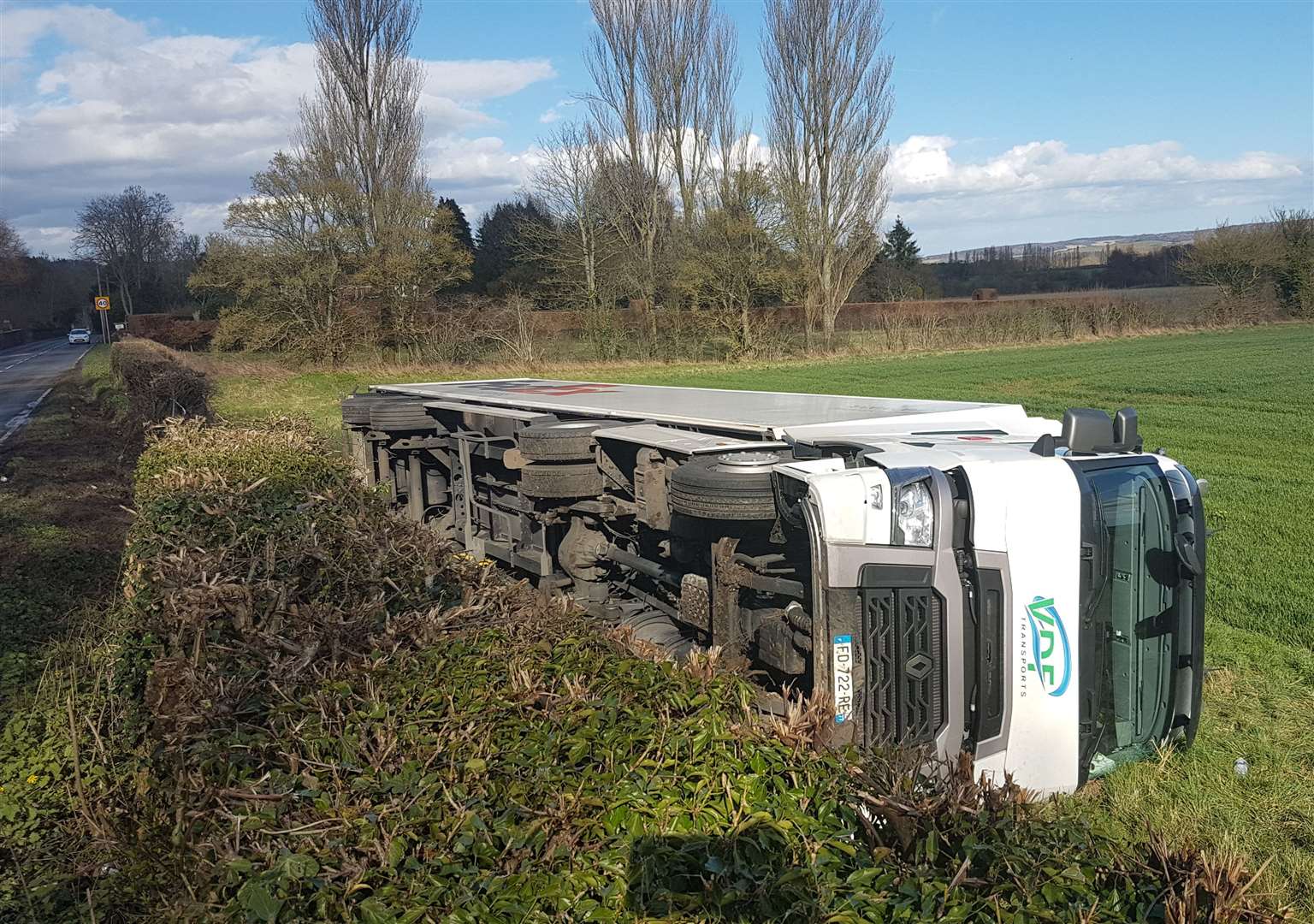 The HGV on its side in Boughton Aluph