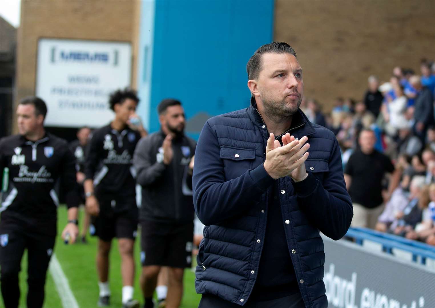 Gillingham manager Mark Bonner greets the crowd ahead of the game against Chesterfield Picture: @KPI_Julian