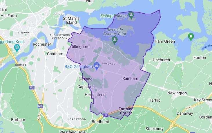 The constituency boundaries of the Gillingham and Rainham constituency at the 2024 general election.