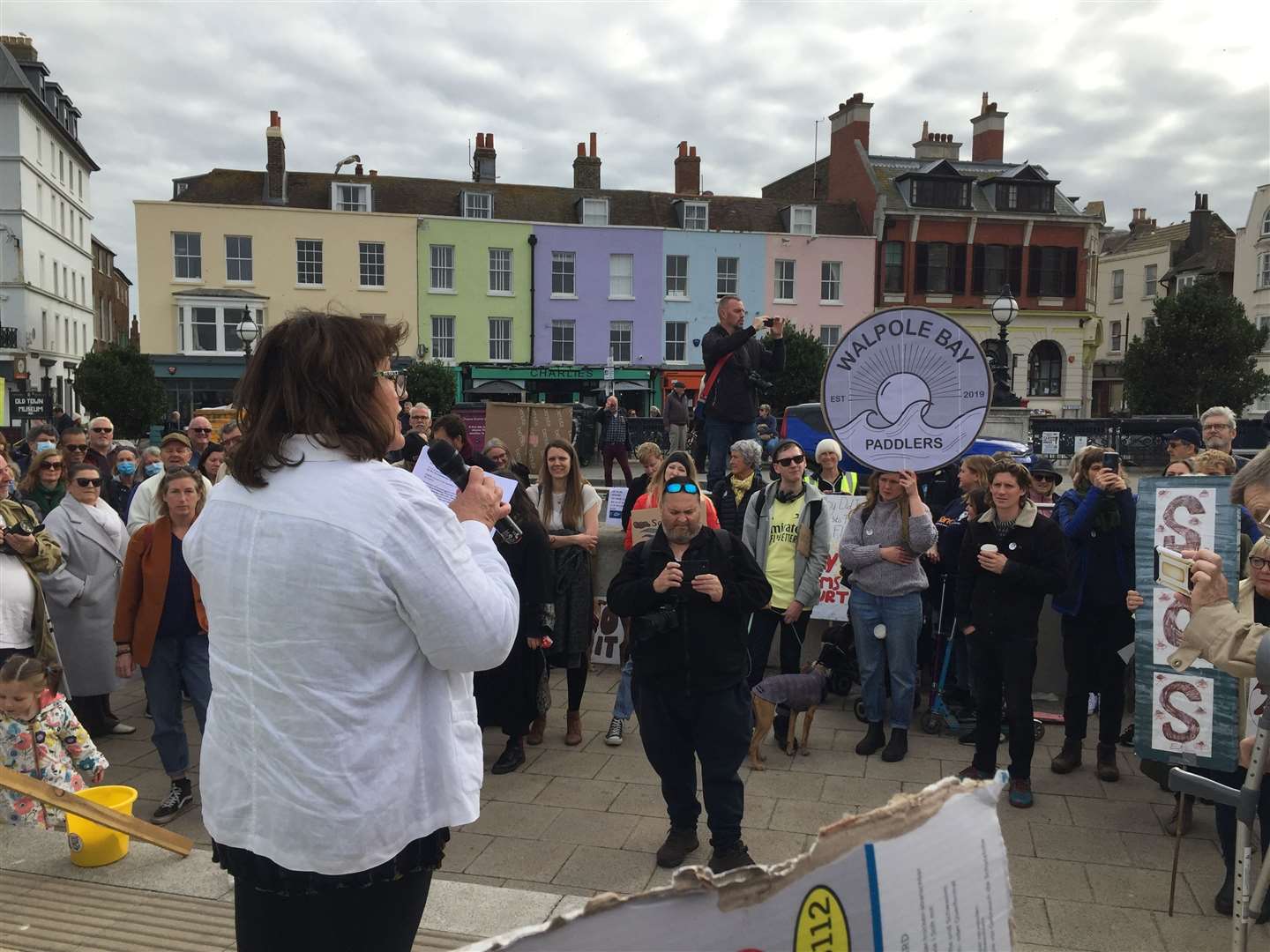 Author Julie Wassmer, known for her Whitstable Pearl books, spoke at the protest in Margate against releases by Southern Water. Picture: Sonik