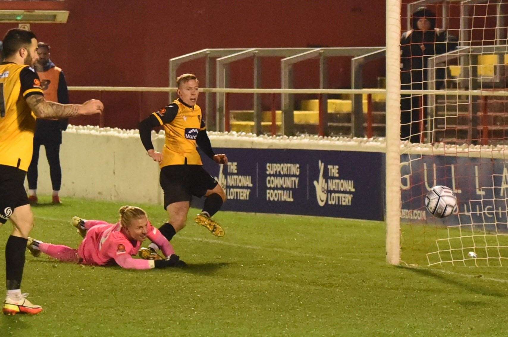 Sam Corne scores the decisive goal at Ebbsfleet Picture: Steve Terrell