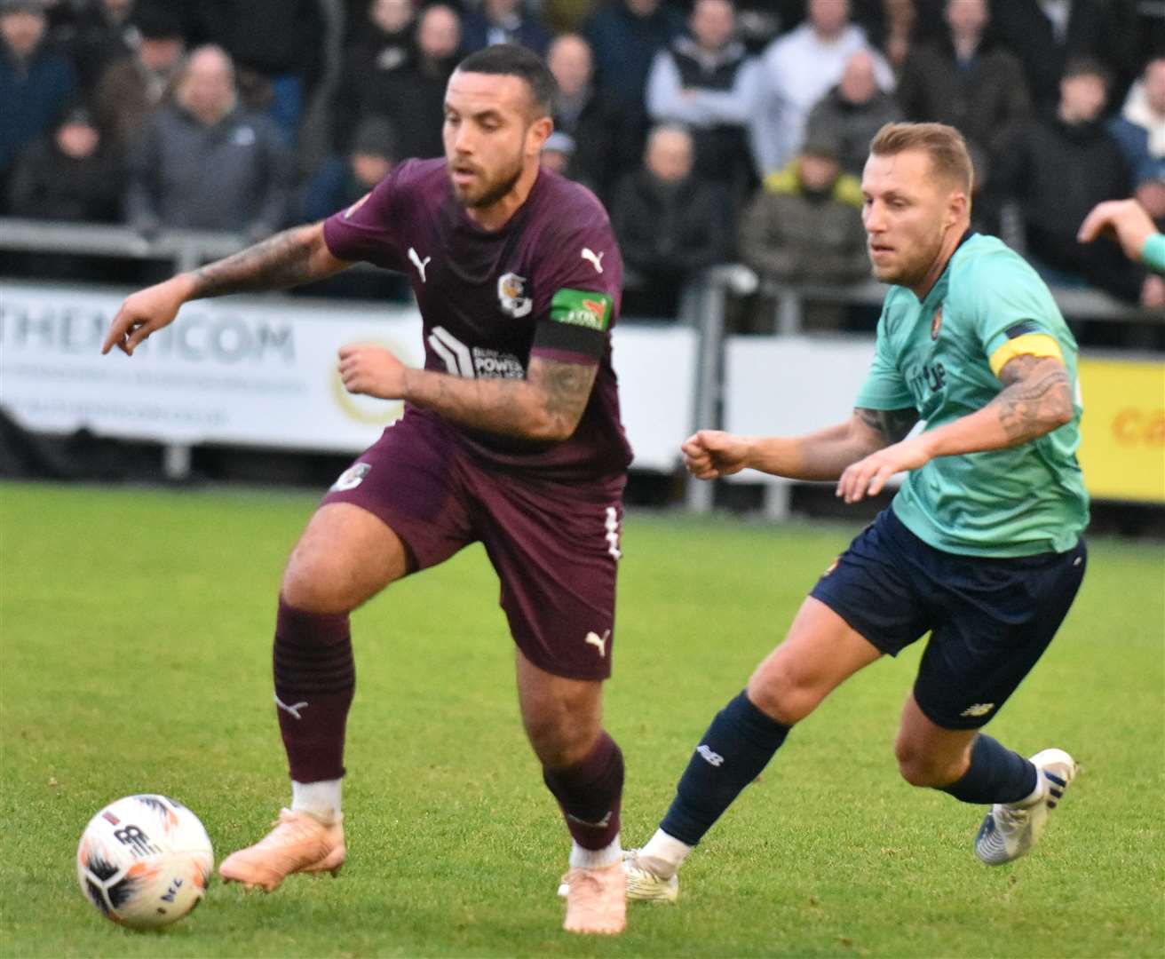 Dartford's Samir Carruthers gets ahead of Ebbsfleet captain Chris Solly. Picture: Ed Miller/EUFC