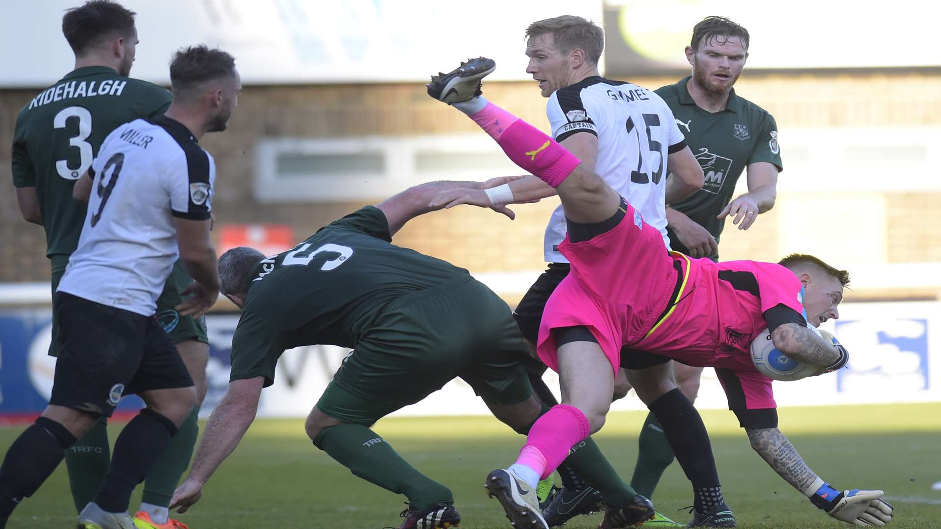 Tranmere keeper Scott Davies makes an acrobatic catch during the game at Crabble