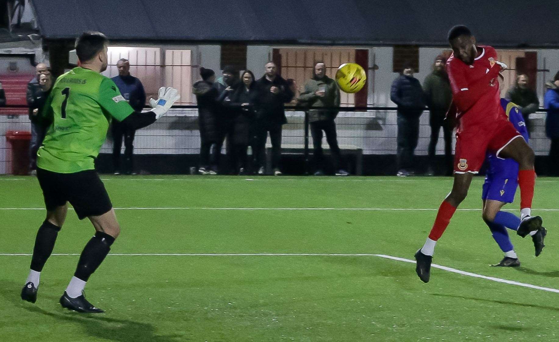 Emmanuel Oloyede heads home for Whitstable Town against Hollands & Blair on Tuesday Picture: Les Biggs